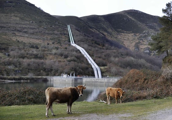 Imagen de la central hidroeléctrica de Aguayo con los tubos al fondo que conectan los dos embalses.