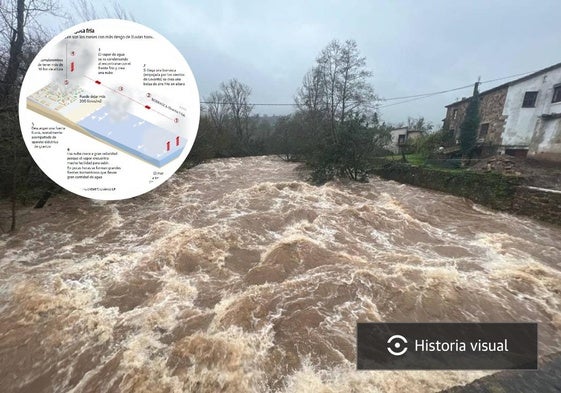 Imagen del río Miera a su paso por La Cavada, bajando con gran fuerza y un caudal en aumento tras los efectos de la borrasca 'Gerard', en 2023.