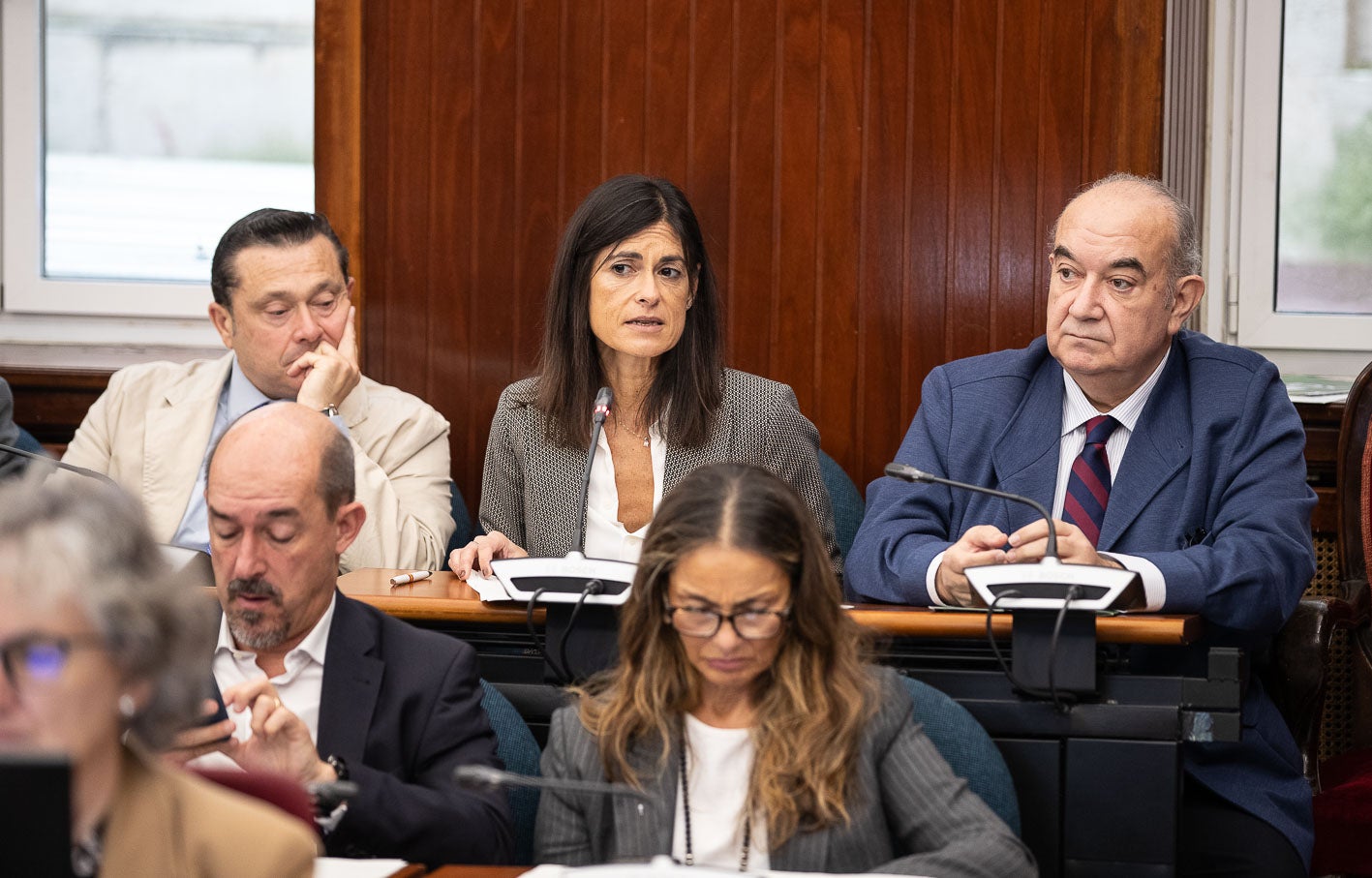 La portavoz de Vox, Laura Velasco, durante su intervención, junto a sus compañeros de partido, Emilio del Valle y Ángel Madariaga.