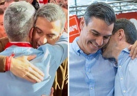 Pablo Zuloaga abrazado a Sánchez este fin de semana en el Congreso de Sevilla. Y el presidente abrazado a Pedro Casares, en un acto en Santander el año pasado. Los dos socialistas cántabros han librado este fin de semana la batalla de la imagen.