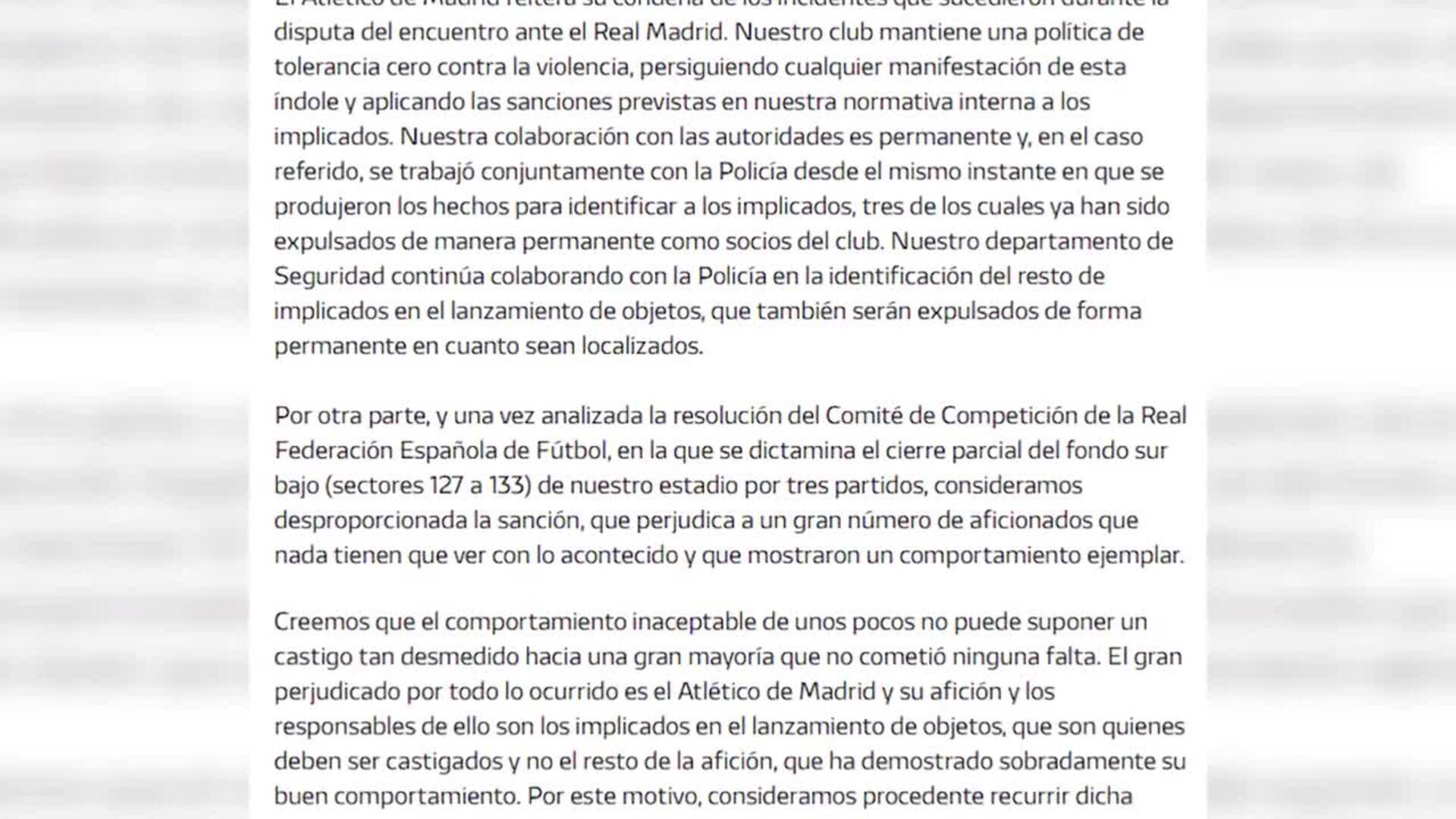 El Atlético de Madrid recurre la "sanción desproporcionada" de cierre parcial de la grada
