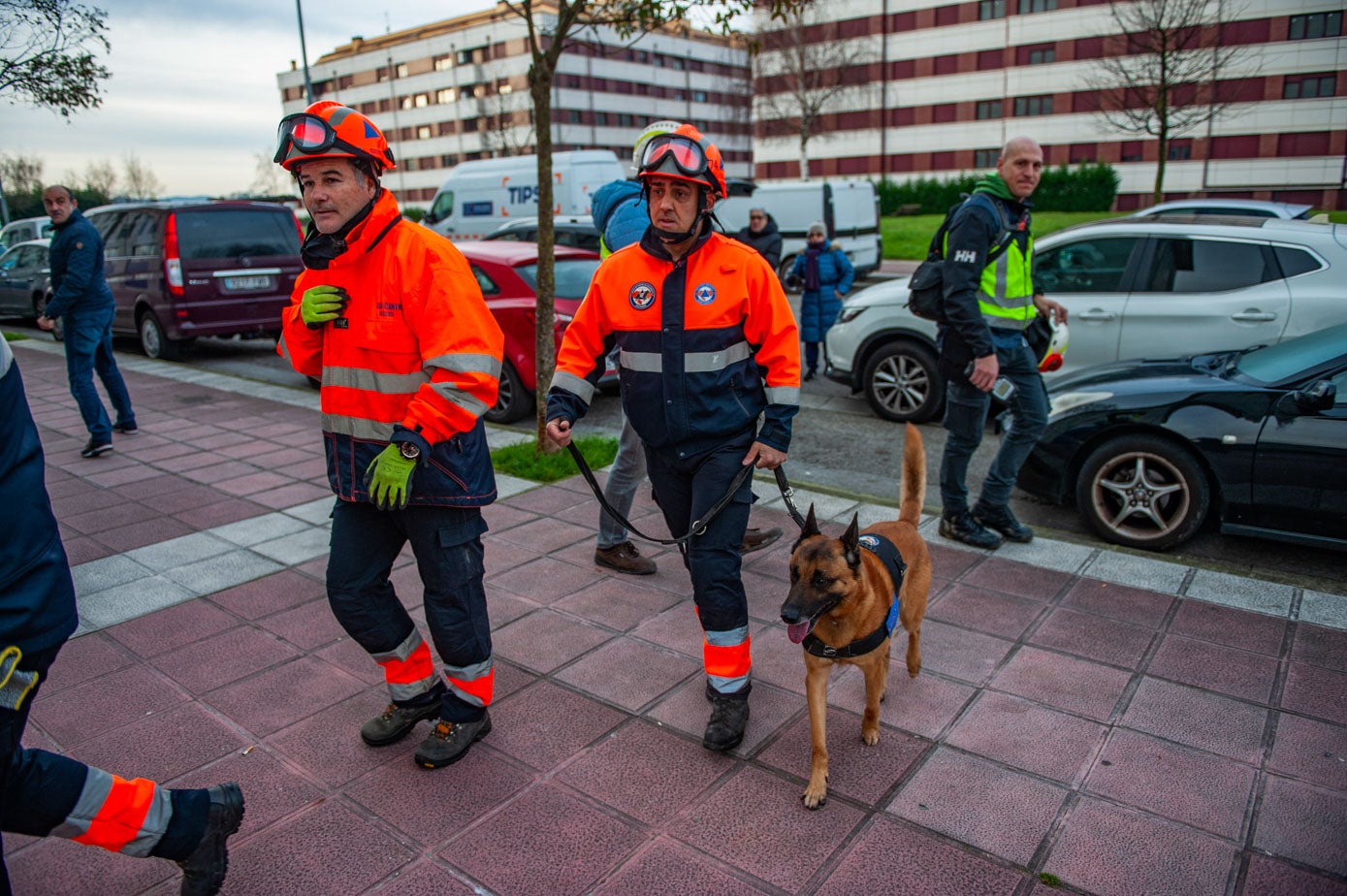 Desde las seis y media de la mañana, bomberos de Santander, Policía Nacional, Protección Civil con perros de rescate y Policía Local buscaron víctimas entre los escombros.