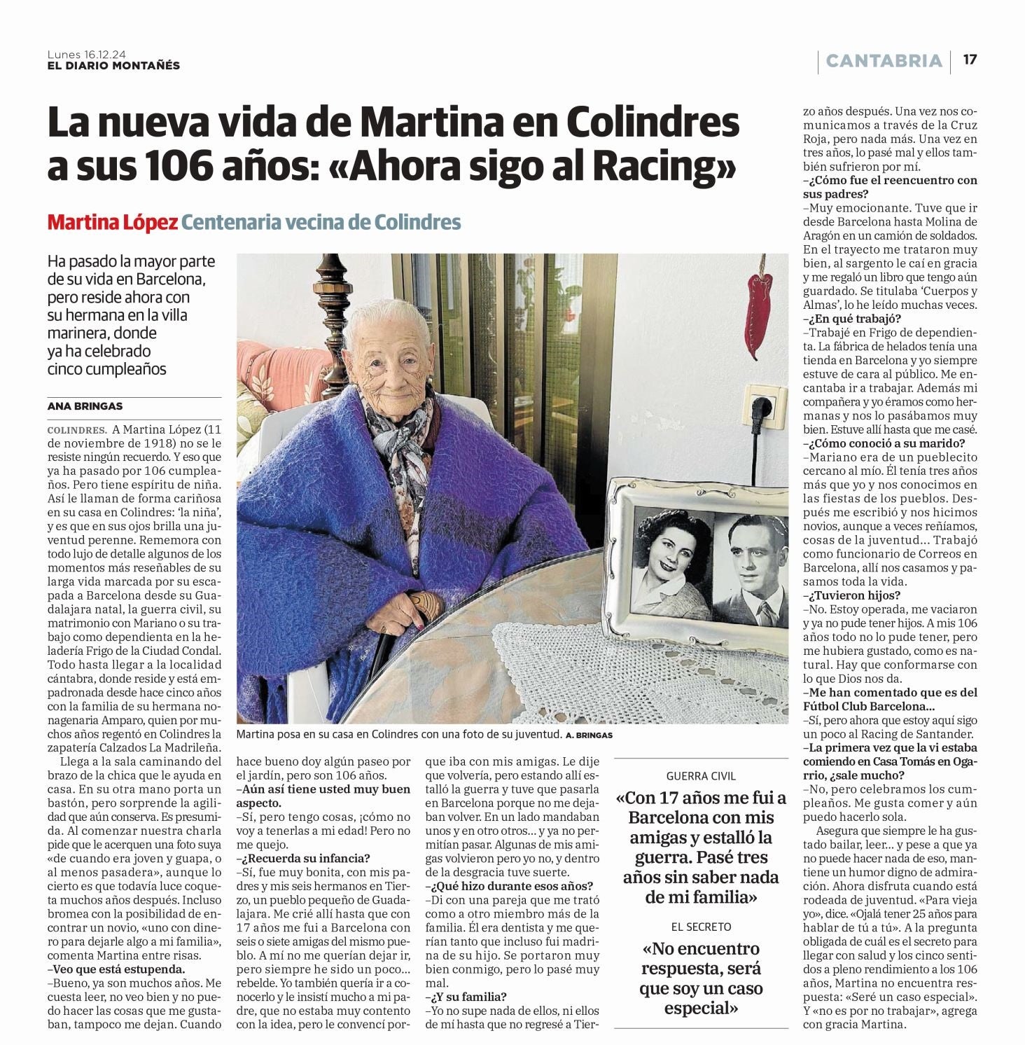 La periodista de El Diario Montañés Ana Bringas publicó en diciembre una entrevista con Martina. El Racing conoció su historia a través del texto.