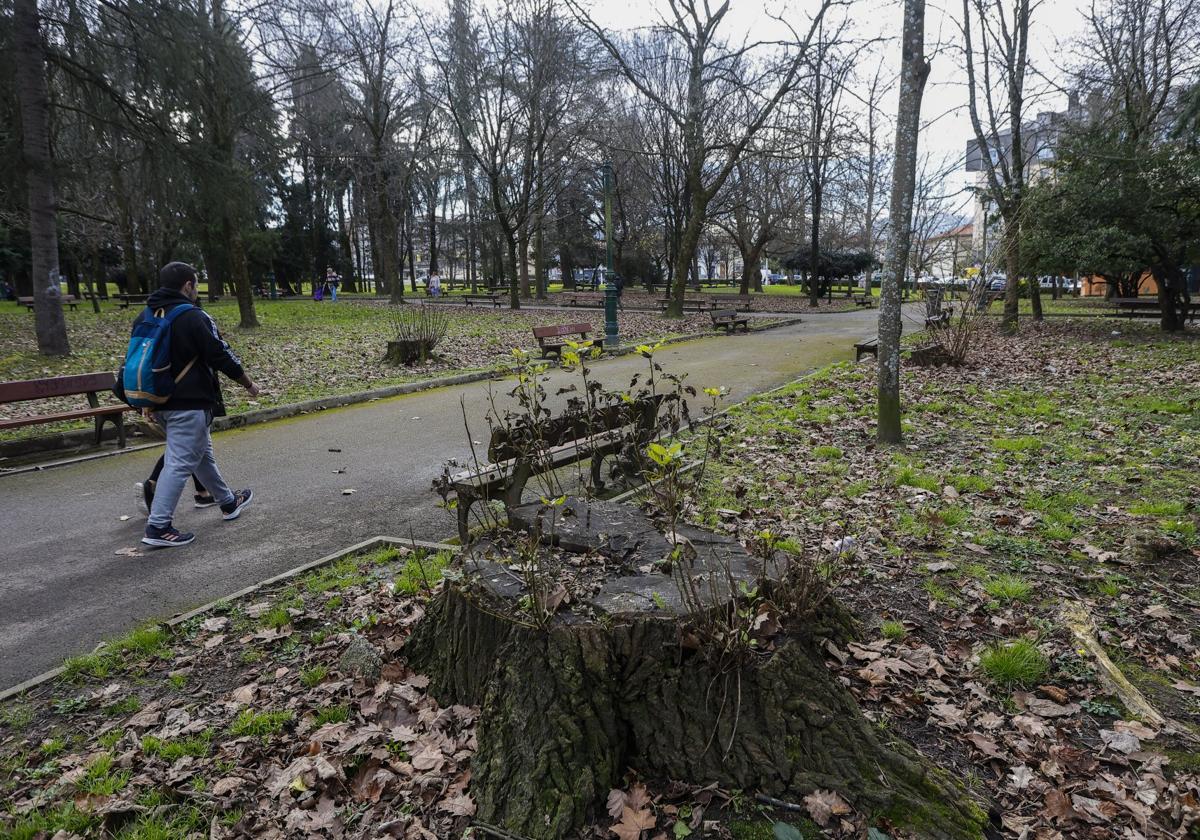 Vecinos caminan por el parque Manuel Barquín, en Torrelavega.