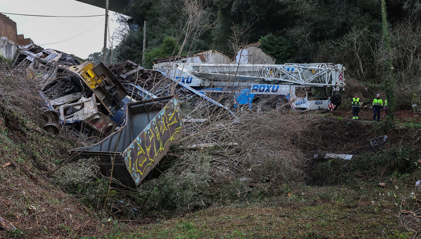 Una grúa de gran tonelaje llegó desde Asturias para retirar el convoy volcado.