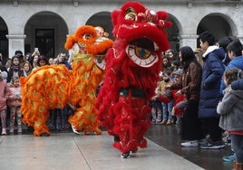 Los leones durante el tradicional baile.