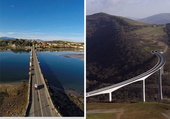 A la izquierda, el puente de La Maza, que se construyó en el siglo XVI sobre un enclave muy complejo en San Vicente de la Barquera, porque allí se juntan las rías del Escudo y del Gandarilla. A la derecha, El viaducto de Montabliz, en la A-67, tiene pilas de 145 metros, las más altas de España.