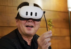 El artista japonés Shimabuku con gafas de realidad virtual y una gilda.