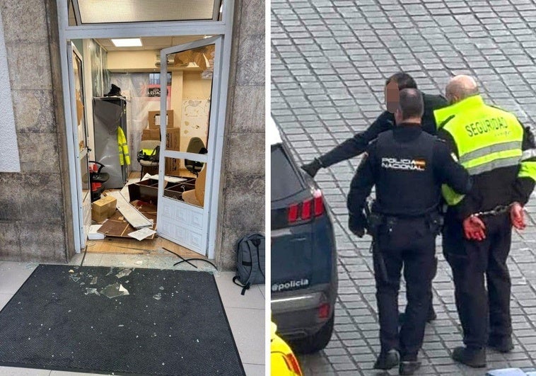 A la derecha, estado en el que ha quedado la oficina. En la izquierda, dos agentes de la Policía Nacionalse llevan detenido al vigilante de seguridad.