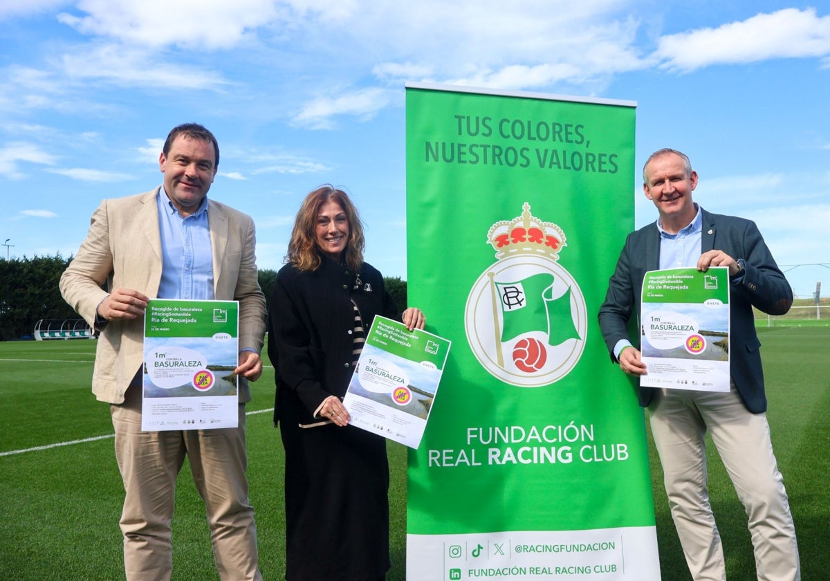 El responsable de sostenibilidad de la Fundación Real Racing Club, Agustín Ibáñez; la alcaldesa, Rosa Díaz, y el director de la fundación, César Anievas.