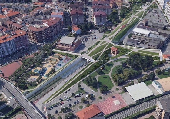Infografía sobre cómo quedará la integración ferroviara en el centro de Maliaño, a la altura de la iglesia y con el parque público encima.