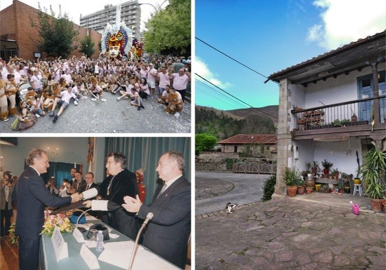 En la imagen superior, la carroza galardonada en la Batalla de Flores de Laredo. Abajo, Carlos Fuentes recibe el Menéndez Pelayo de la UIMP. Y a la derecha, Barcenillas, que recibió el premio Pueblo de Cantabria