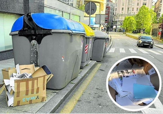 Las cajas aparecieron junto al contenedor de cartón de la calle Isabel II, frente al Ayuntamiento, y contenían miles de folios con nombres y DNI.