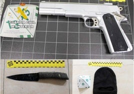 Pistola simulada, cuchillo y prenda negra para tapar en rostro en los robos.