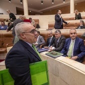 María José Sáenz de Buruaga (PP) habla con Pedro Hernando (PRC) en el Parlamento de Cantabria antes de un pleno.