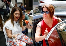 A la izquierda, Leire Díez eligió tonos blancos para su cita con los medios de comunicación. A la derecha, el martes se embutió en un traje rojo para dar explicaciones en Ferraz.