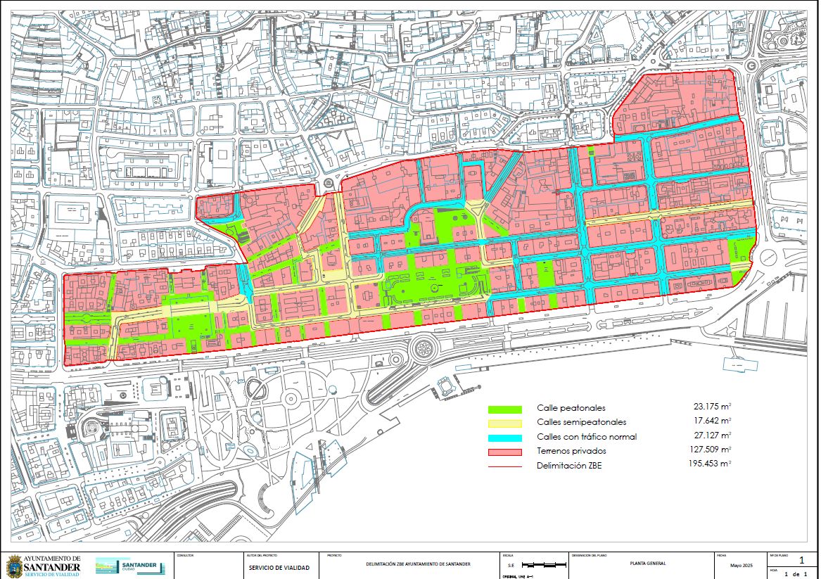 Mapa de la propuesta de Zona de Bajas Emisiones de Santander, que solo afectará al Ensanche.
