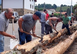 Los troncos ya están en la plaza de Santiago de Silió.