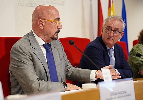 César Pascual, consejero de Salud de Cantabria, y Tomás Cobo, presidente de la OMC, durante la rueda de prensa en Madrid.