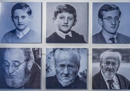 Dieciséis retratos cronológicos de Álvaro Pombo, desde que era un niño hasta la actualidad, dan la bienvenida al visitante en el Palacio de Festivales.