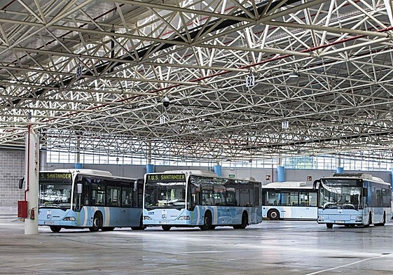 Autobuses dentro de las cocheras del TUS, en Camarreal.