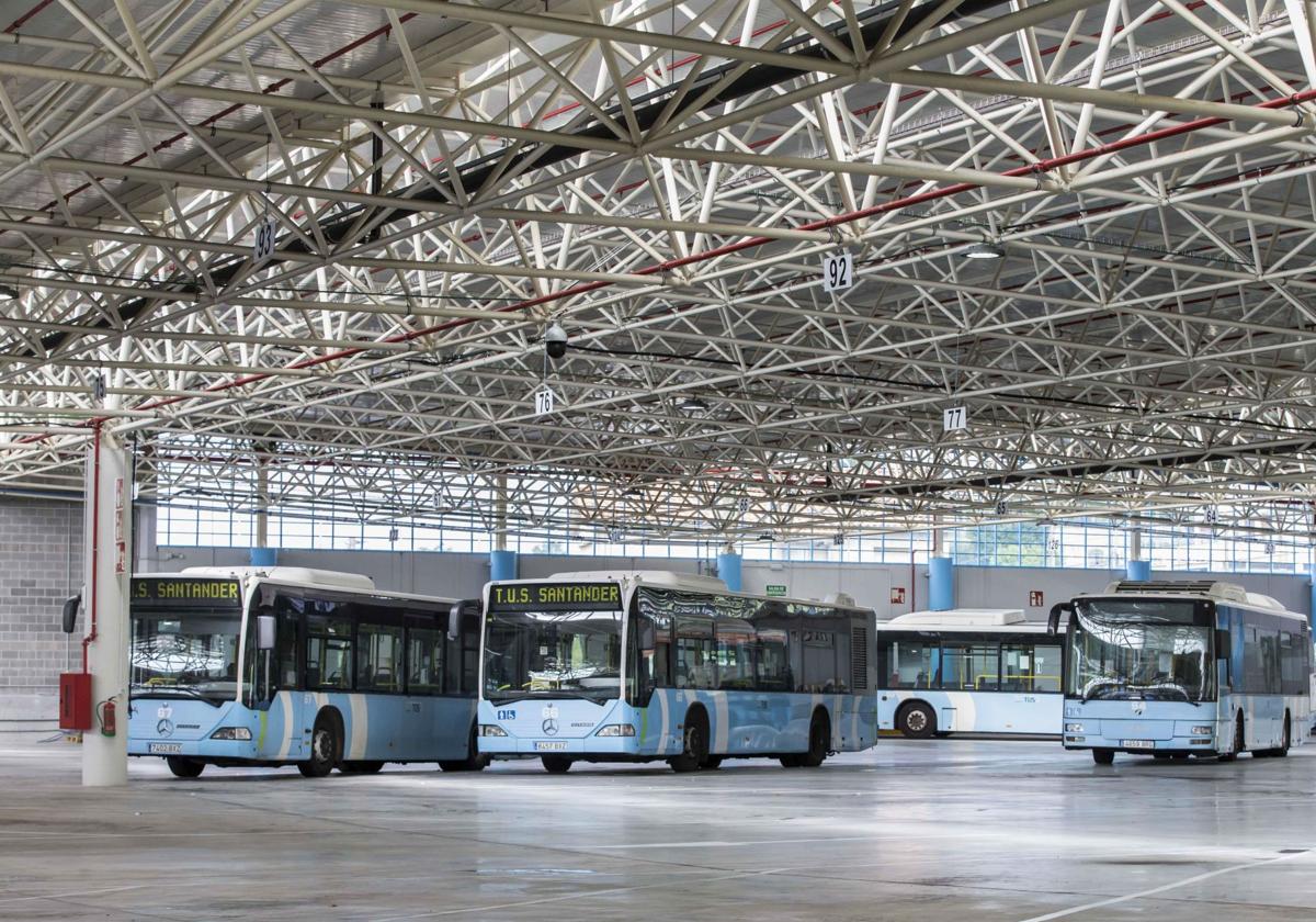 Autobuses dentro de las cocheras del TUS, en Camarreal.