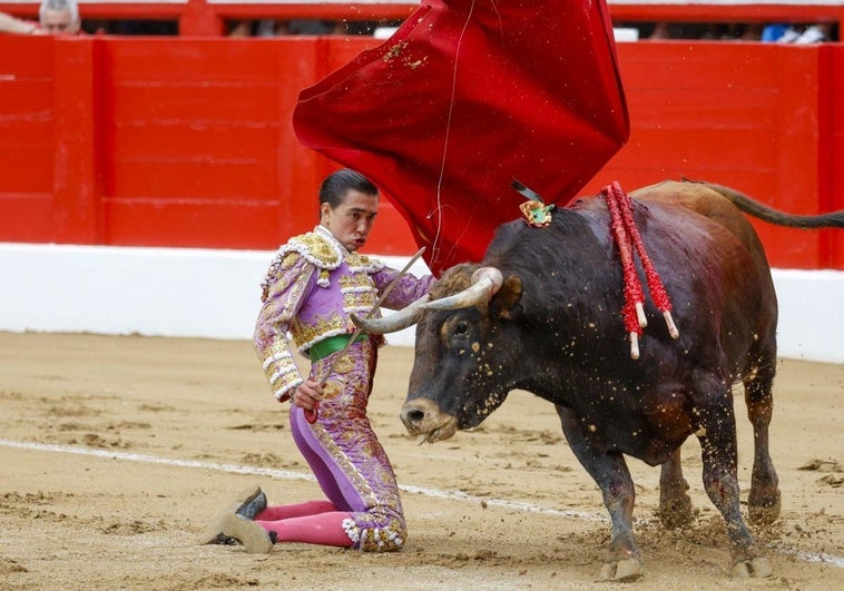 Pase de pecho de rodillas de Bruno Aloi en el segundo novillo de la tarde, en la plaza de toros de Cuatro Caminos.