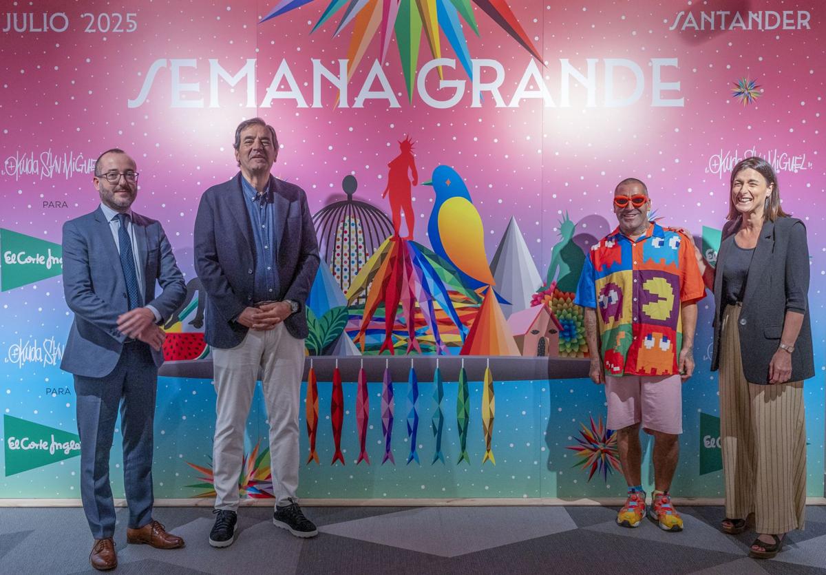 Okuda junto a la alcaldesa de Santander y los responsables de El Corte Inglés