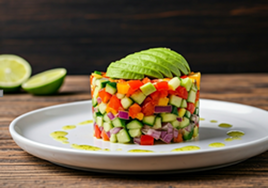 Tartar de verduras con aguacate y vinagreta de lima.