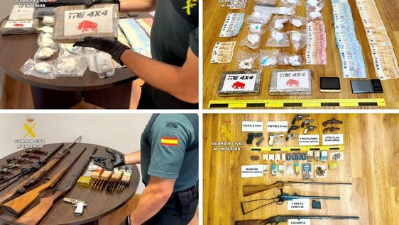 Droga, dinero y armas incautados por la Guardia Civil.