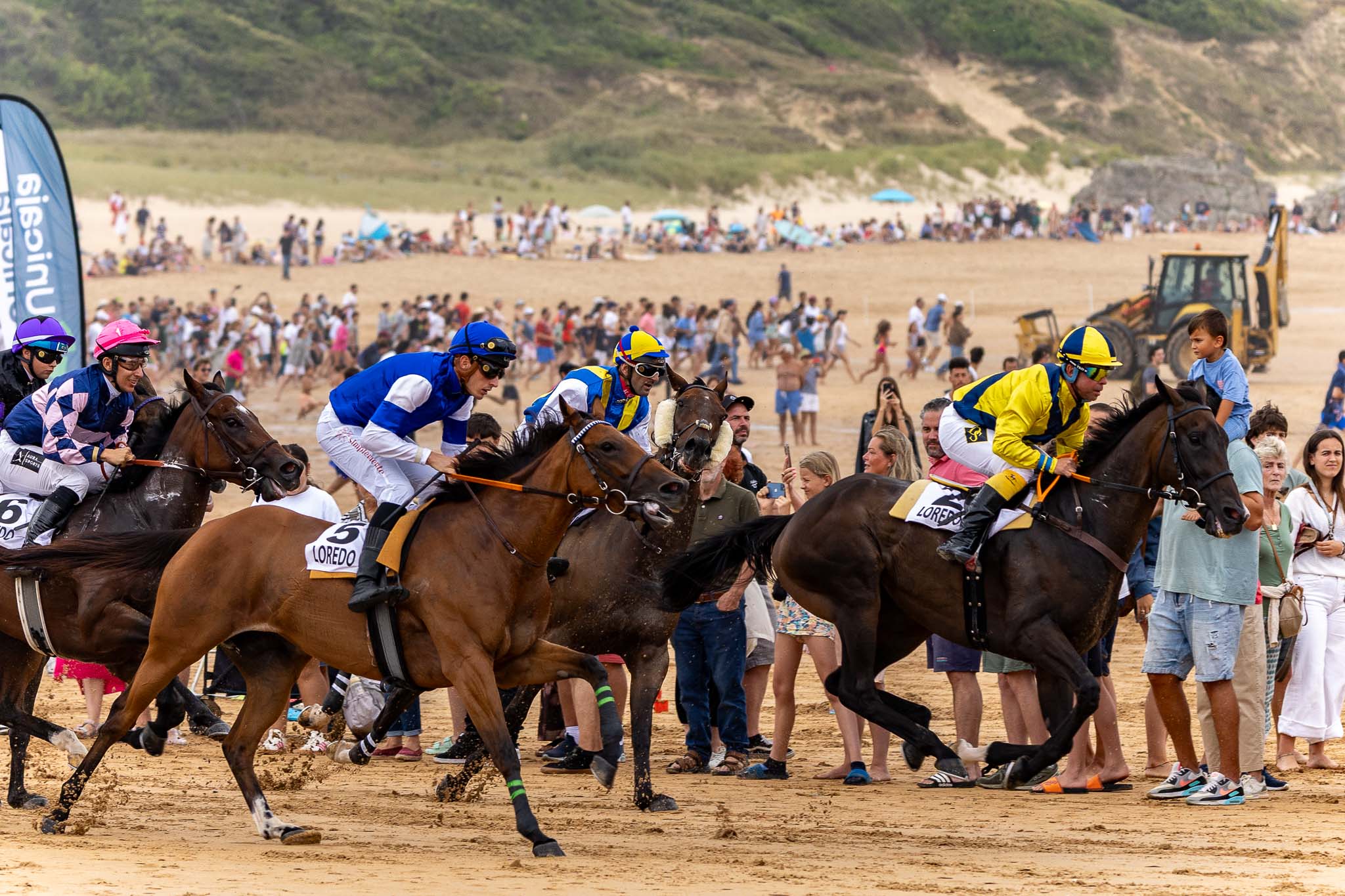 Los caballos de la primera carrera, en el primer paso por meta.