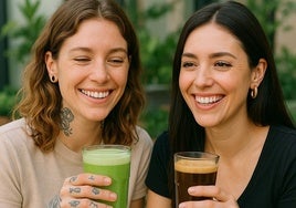 Dos jóvenes consumen matcha y café.