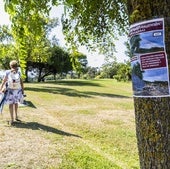 Una mujer pasea por la zona donde se desarrollará el aparcamiento y un árbol recoge las protestas de los vecinos de Cueto.