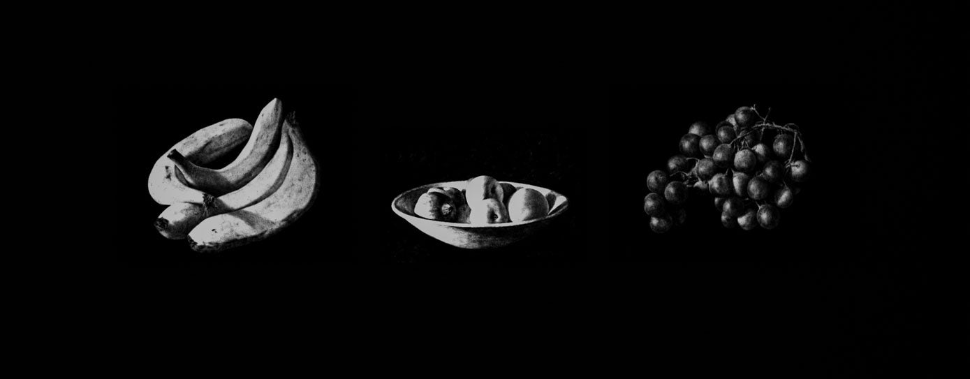 'Bodegón de frutas'. Pintura sobre papel italiano y japonés en caja de luz.