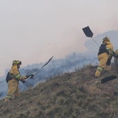 Brigadistas de las BRIF de Ruente se afanan en la extinción de un incendio.