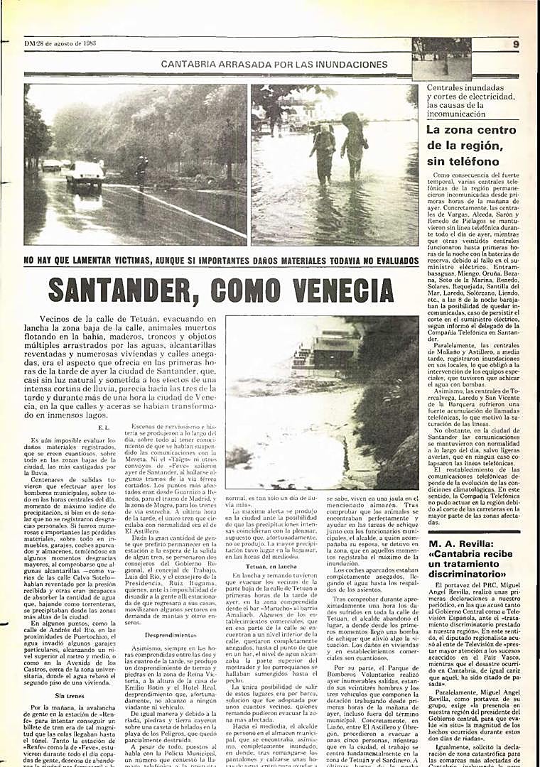 Imagen - Página de El Diario Montañés del 28 de agosto de 1983 sobre las inundaciones en Santander.