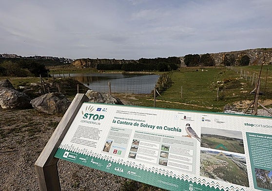 Uno de los paneles informativos frente a los terrenos de la antigua cantera de Solvay en Cuchía, Miengo.