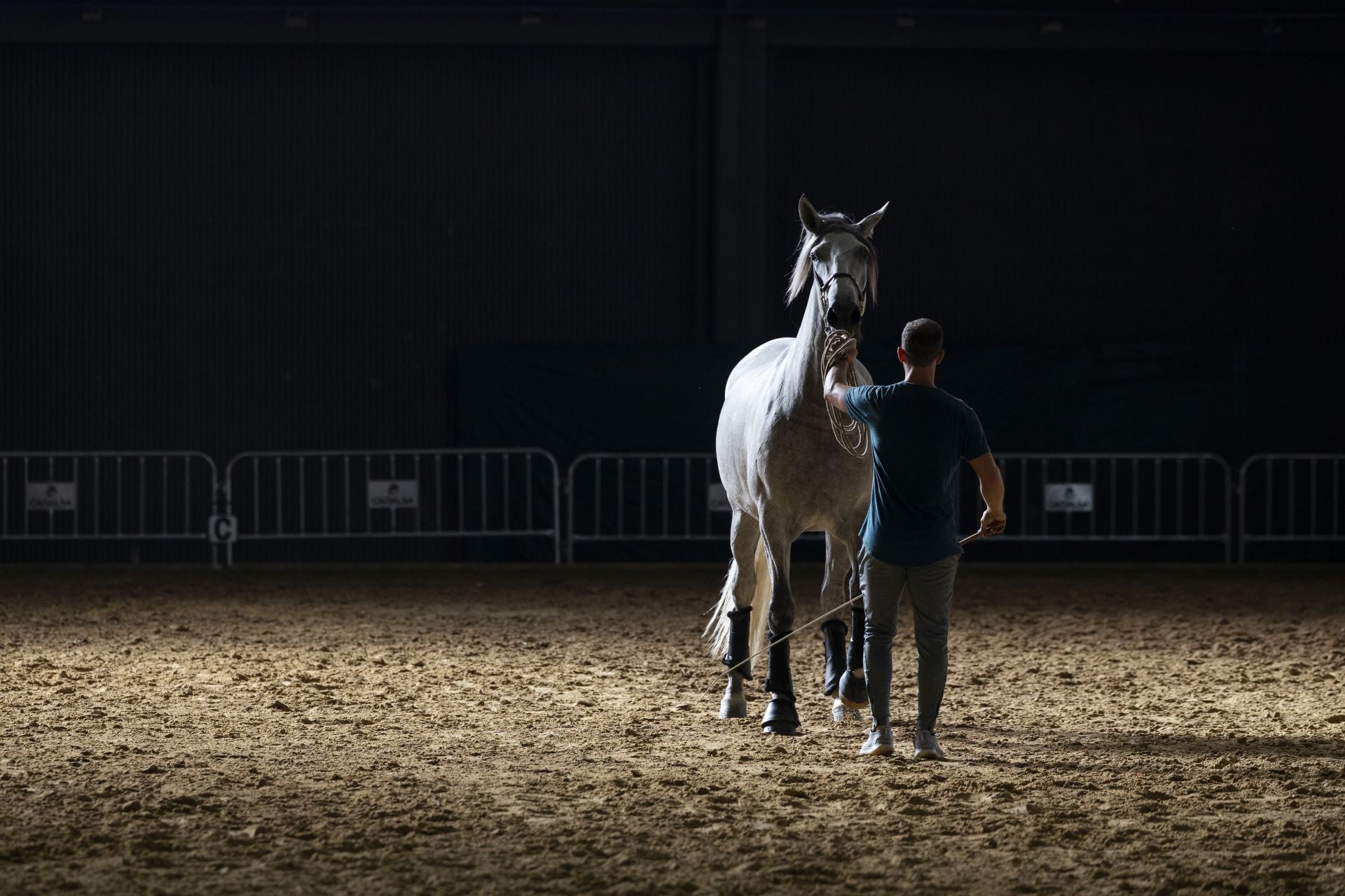 Un criador con su caballo entrenando antes del concurso.