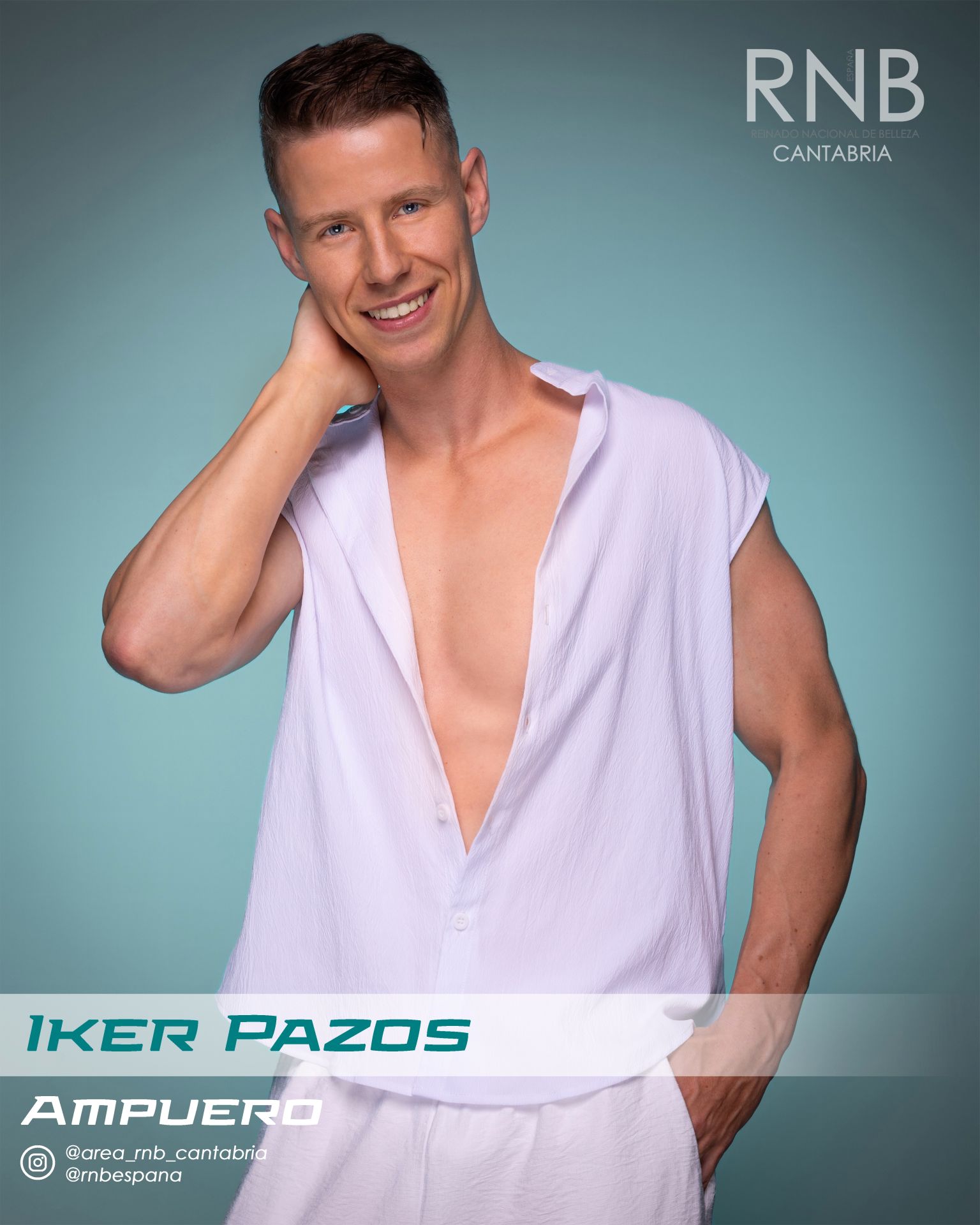 Iker Pazos, de 28 años, representará a Ampuero en la gala de Miss Mister RNB Cantabria del 8 de noviembre en el Teatro-Cine Vimenor. Mide 1,82, es maestro y cuenta con un Grado en Magisterio y un Máster en Neurociencia.