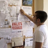 Un estudiante que busca piso para compartir mira un tablón repleto de anuncios.