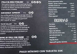 Carta del restaurante nojeño aportada por Facua en la denuncia.