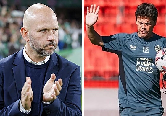 José Alberto López, al final de un partido en los Campos de Sport y Rubi, técnico del Almería.