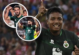 Jeremy, tras marcar uno de sus tantos en Almería. A la izquierda, Andrés Martín y Villalibre.