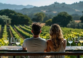 Dos jóvenes catan unos vinos frente a un viñedo.