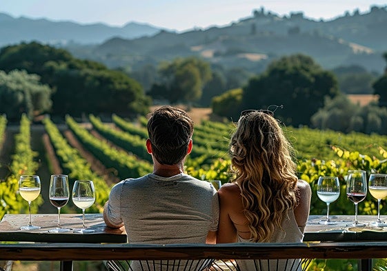Dos jóvenes catan unos vinos frente a un viñedo.