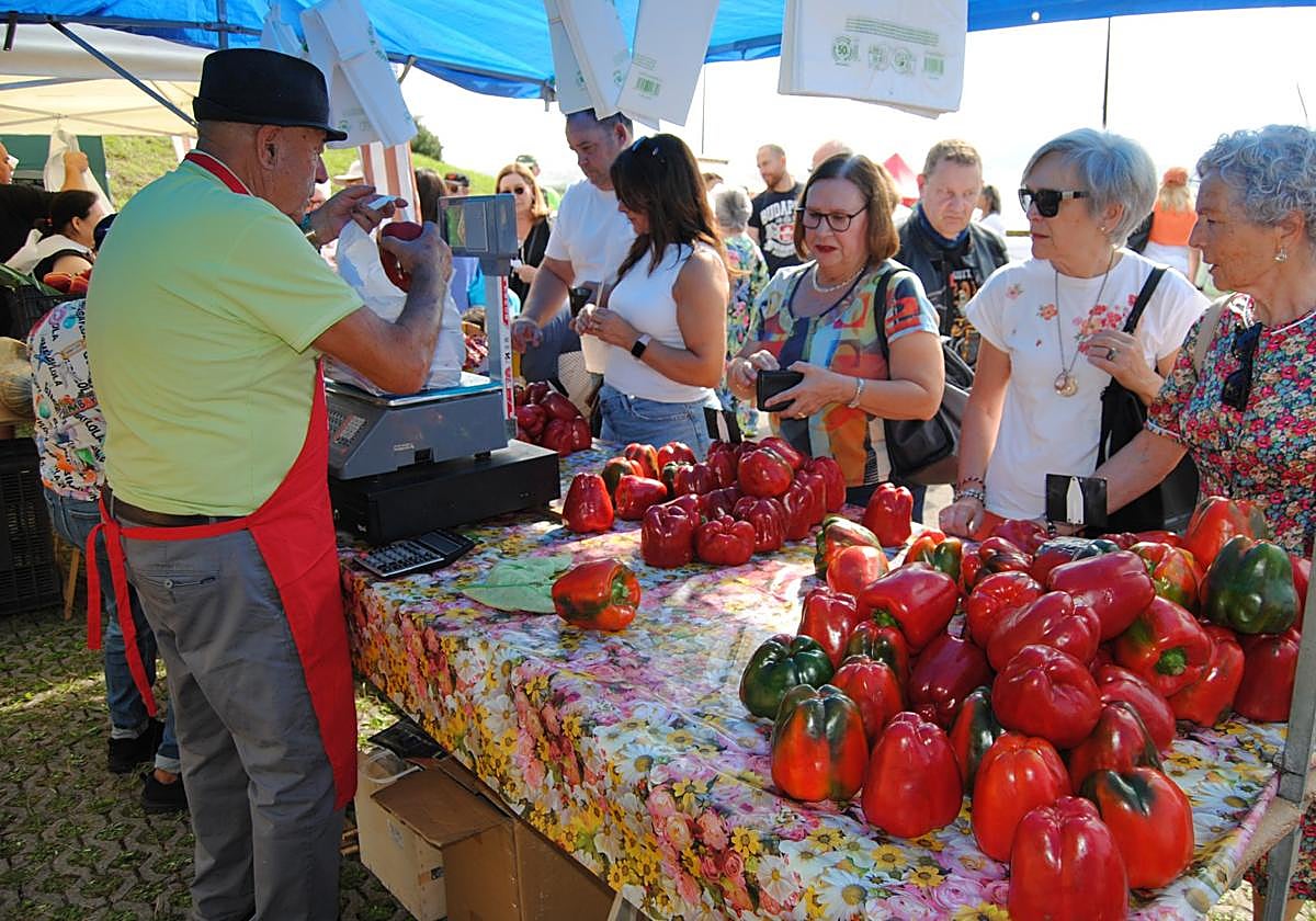 El público compra los pimientos de isla en uno de los puestos instalados este sábado en la feria .