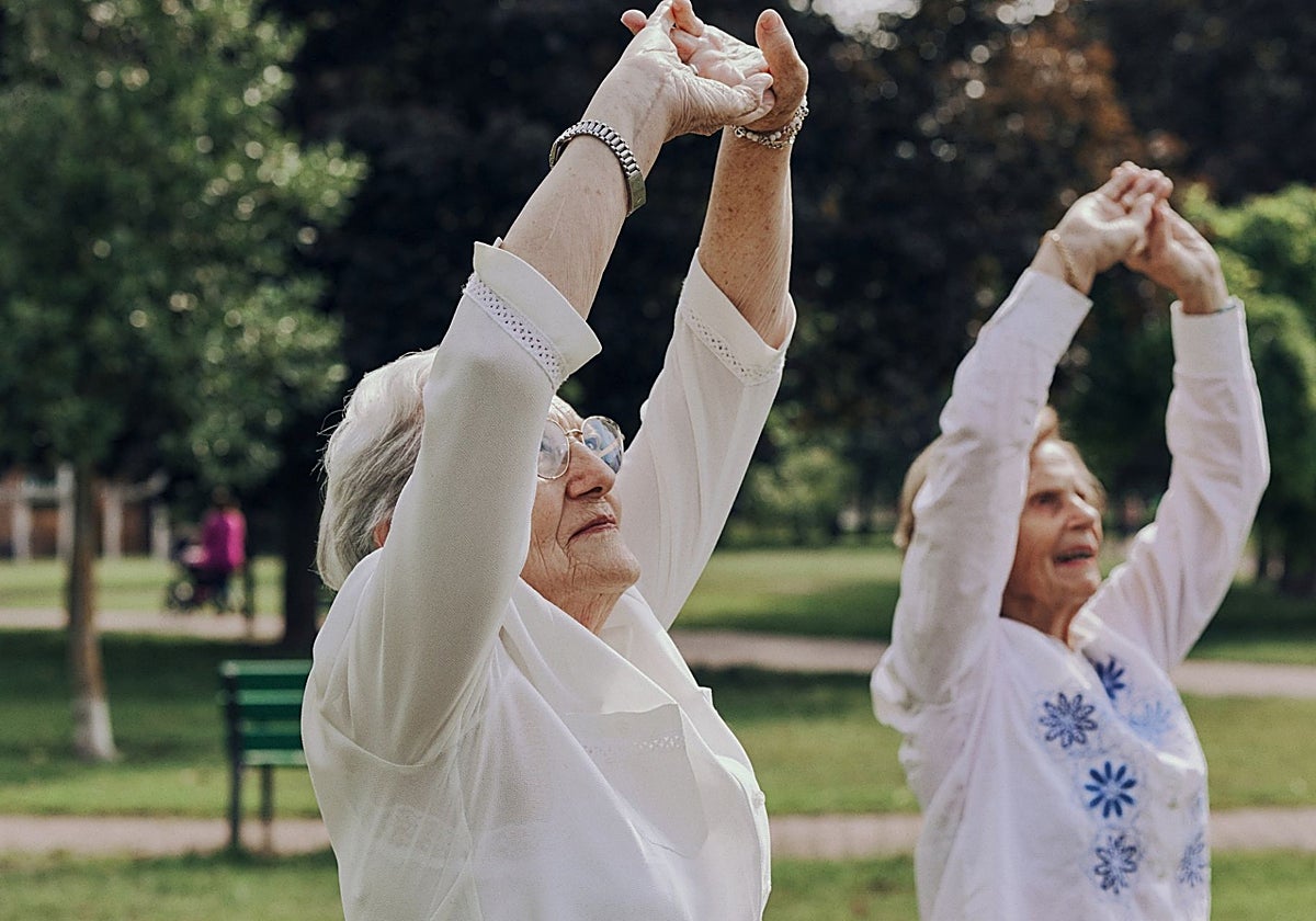 Dos mujeres practican gimnasia en un parque.
