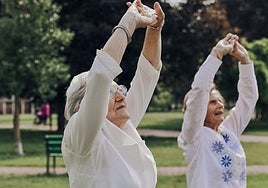 Dos mujeres practican gimnasia en un parque.