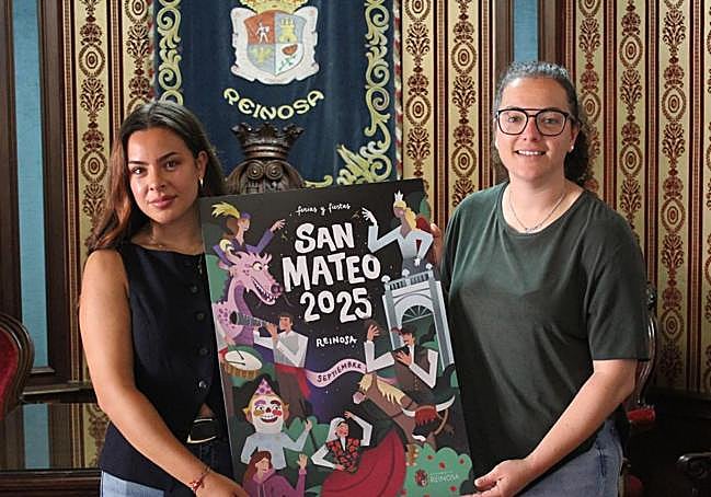 La diseñadora del cartel de las fiestas de este año Leire González, acompañada de la edil del festejos.
