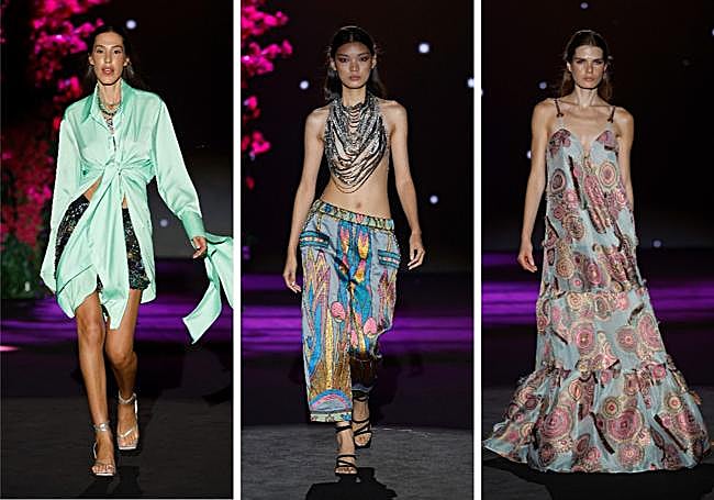 Tres de los diseños de la nueva colección de la santanderina Odette Álvarez. A la izquierda, la influencer Carla Hinojosa, que fue la encargada de abril y cerrar el desfile.